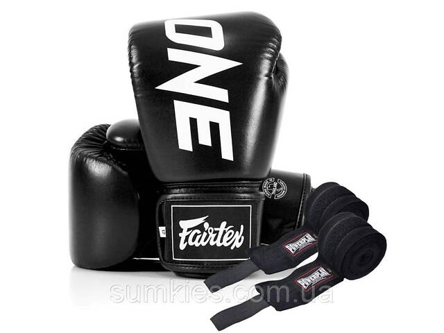 Боксерські рукавиці Fairtex BGV1-ONE (натуральна шкіра) Black 12 унцій (бинти в комплекті) - Фото 1