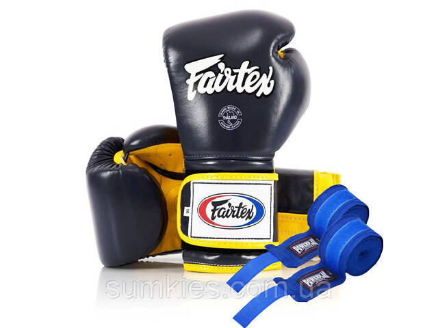 Боксерські рукавиці Fairtex BGV9 Mexican Blue/Yellow 14 унцій (бинти в комплекті) - Фото 1