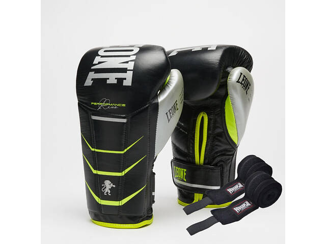 Боксерські рукавиці Leone GN110F REVO FLUO Black 14 унцій (бинти 4 м. в комплекті) - Фото 1