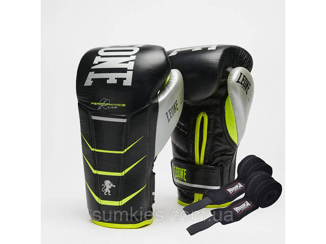 Боксерські рукавиці Leone GN110F REVO FLUO Black 12 унцій (бинти 4 м. в комплекті) - Фото 1