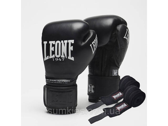 Боксерські рукавиці Leone GN111 THE GREATEST Black 10 унцій (бинти 4 м. в комплекті) - Фото 1