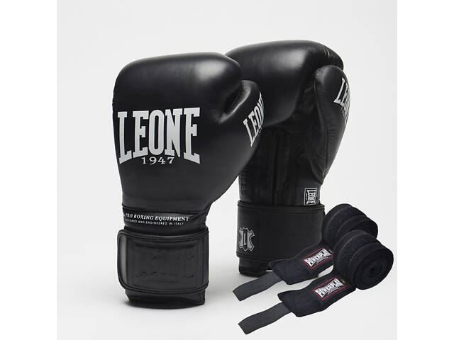 Боксерські рукавиці Leone GN111 THE GREATEST Black 18 унцій (бинти 4 м. в комплекті) - Фото 1