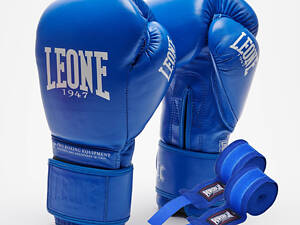 Боксерські рукавиці Leone GN111 THE GREATEST Blue 16 унцій (бинти 4 м. в комплекті)