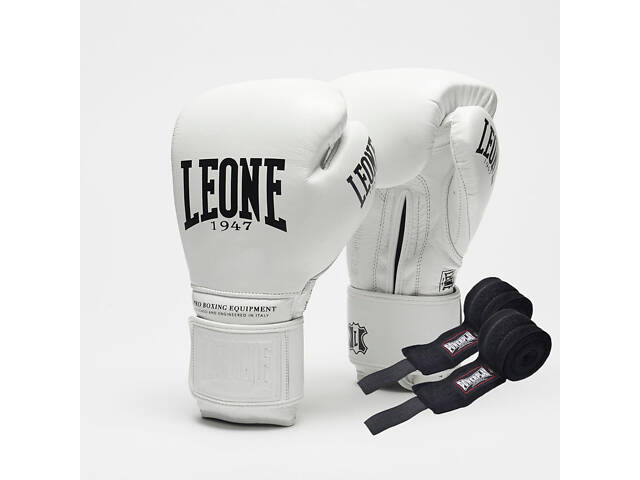 Боксерські рукавиці Leone GN111 THE GREATEST White 12 унцій (бинти 4 м. в комплекті) - Фото 1
