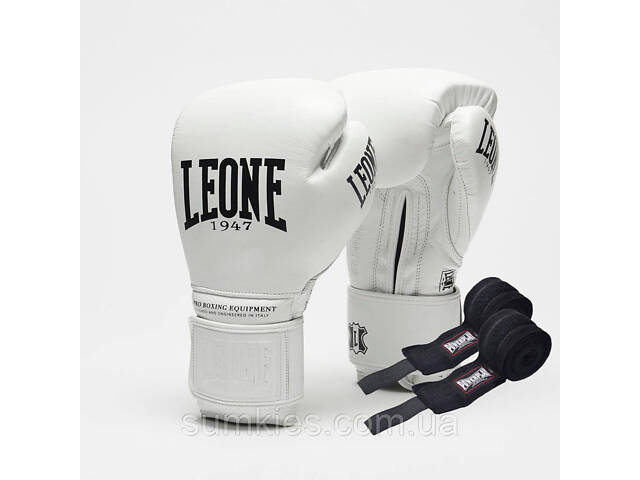 Боксерські рукавиці Leone GN111 THE GREATEST White 16 унцій (бинти 4 м. в комплекті) - Фото 1