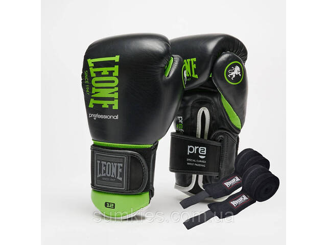 Боксерські рукавиці Leone GN115 PROFESSIONAL 2 Black 10 унцій (бинти 4 м. в комплекті) - Фото 1