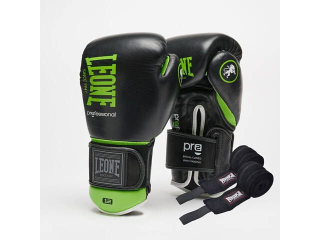 Боксерські рукавиці Leone GN115 PROFESSIONAL 2 Black 10 унцій (бинти 4 м. в комплекті) - Фото 1