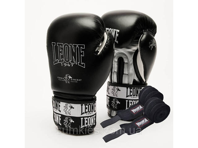 Боксерські рукавиці Leone GN208 ICONIC Black 12 унцій (бинти 4 м. в комплекті) - Фото 1