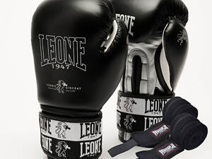 Боксерские перчатки Leone GN208 ICONIC Black 14 унций (бинты 4 м. в комплекте)