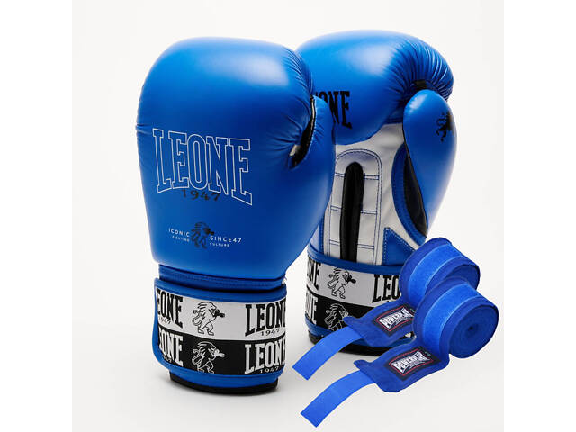 Боксерські рукавиці Leone GN208 ICONIC Blue 10 унцій (бинти 4 м. в комплекті) - Фото 1