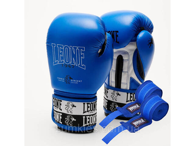 Боксерські рукавиці Leone GN208 ICONIC Blue 16 унцій (бинти 4 м. в комплекті) - Фото 1