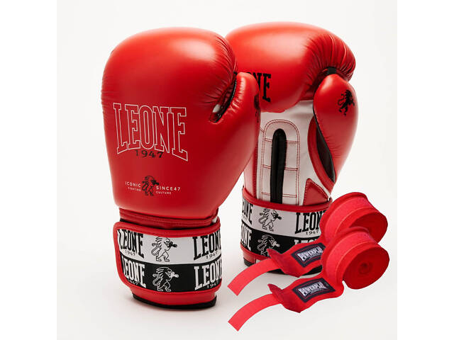 Боксерские перчатки Leone GN208 ICONIC Red 12 унций (бинты 4 м. в комплекте) - Фото 1
