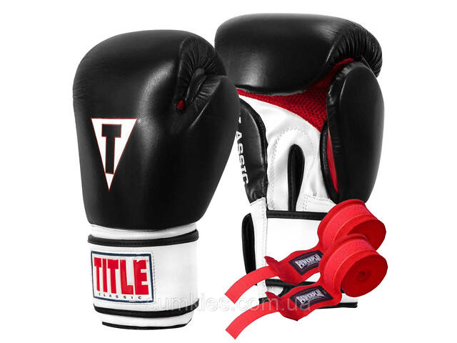 Боксерские перчатки TITLE Classic Leather 2.0 Black/White/Red L 14 oz (бинты 4м. в комплекте) - Фото 1
