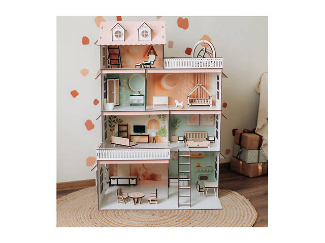 Великий дерев'яний ляльковий будинок 110*74*48 см Сонячний котедж з набором меблів - Фото 1