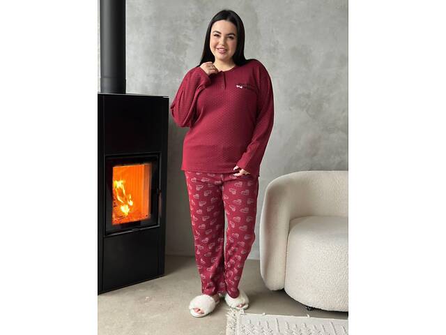 Бордова піжама у дрібну краплинку та сердечка DO3919/1 - Фото 1