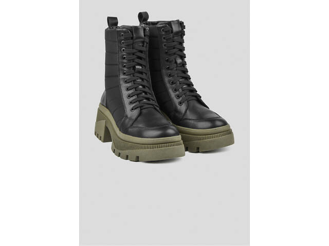 Ботинки черные подошва платформа хаки демисезон кожа ткань стильные 37 - Фото 1
