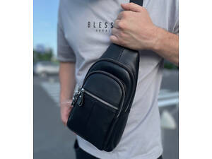 Брендовая мужская нагрудная сумка рюкзак слинг из натуральной кожи молодежная кожаная черная сумка Tiding.