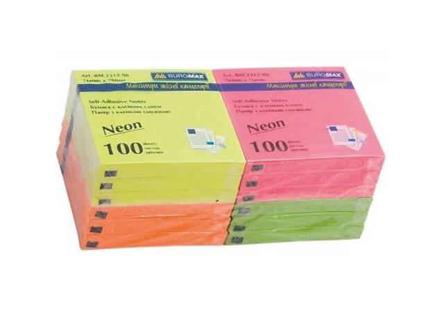 Папір для нотаток Buromax with adhesive layer 76х76мм, 100sheets, NEON colors (BM.2312-98) - Фото 2