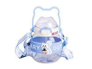 Пляшка для води дитяча з трубочкою 580 мл з ручкою та ремінцем 15 см Синя HP-14-37BL