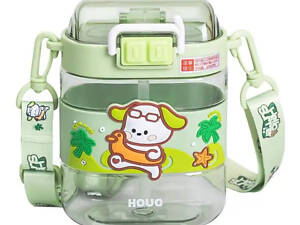 Пляшка для води дитяча з трубочкою та ремінцем 560 мл пляшечка для пиття в школу 15 см Зелена HP-14-36GR