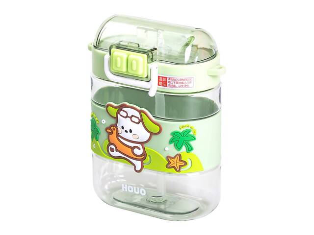 Пляшка для води дитяча з трубочкою та ремінцем 560 мл пляшечка для пиття в школу 15 см Зелена HP-14-36GR - Фото 4