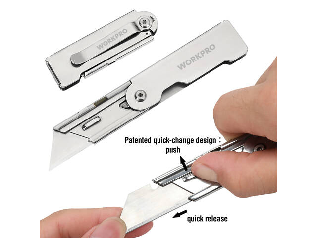 Быстросменный складной карманный нож з с лезвиями WORKPRO [W011020] - Фото 9