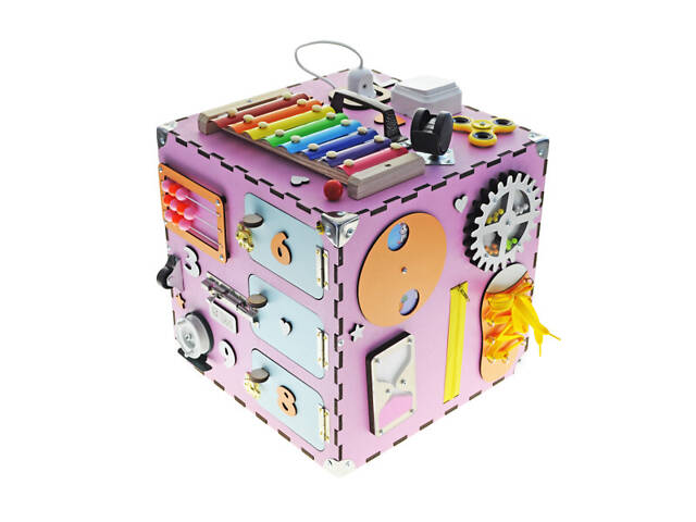 Бізікуб рожевий з дерева 30*30*30 см, бізіборд 200087 - Фото 1