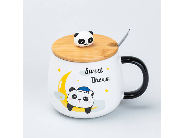 Чашка 450 мл з бамбуковою кришкою та ложкою керамічна Панда 'Sweet Dream' - Фото 1