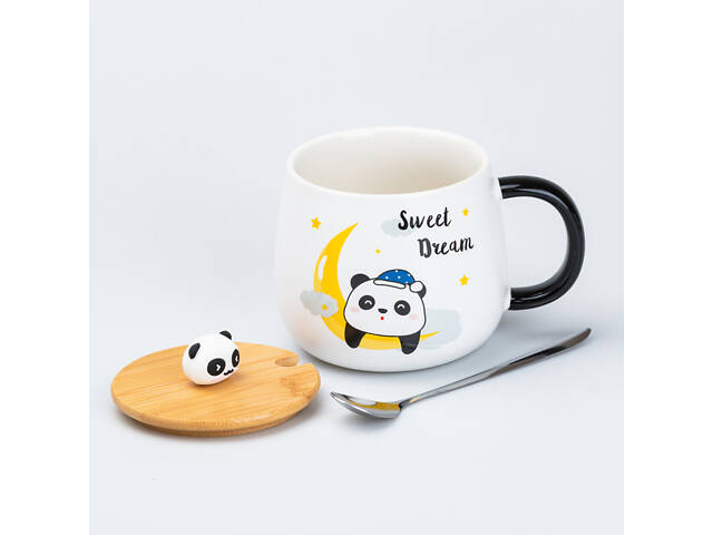 Чашка 450 мл з бамбуковою кришкою та ложкою керамічна Панда 'Sweet Dream' - Фото 2