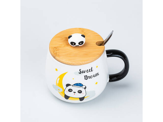 Чашка 450 мл з бамбуковою кришкою та ложкою керамічна Панда 'Sweet Dream' - Фото 3