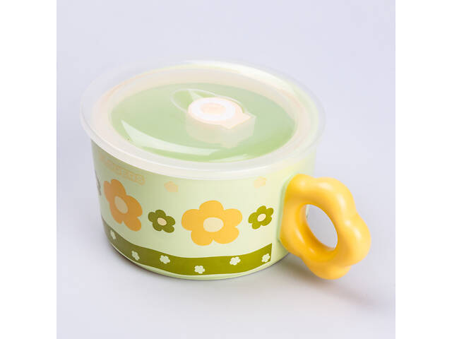 Чашка бульйонниця керамічна 750 мл з пластиковою кришкою 'Квітка' Зелена супниця миска для локшини - Фото 2