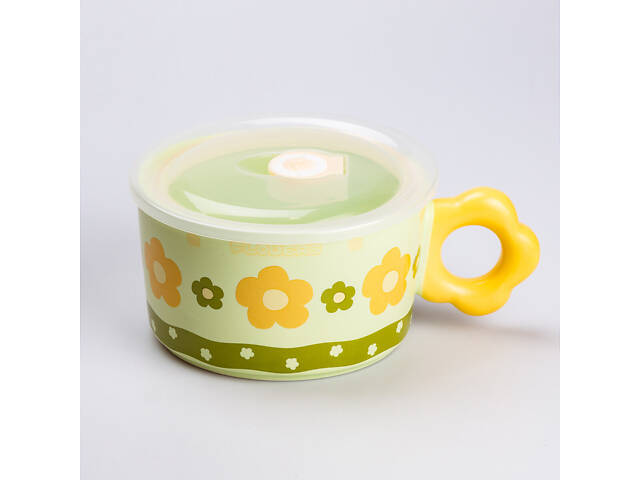 Чашка бульйонниця керамічна 750 мл з пластиковою кришкою 'Квітка' Зелена супниця миска для локшини - Фото 1