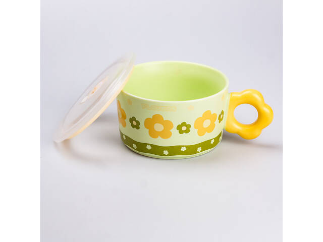 Чашка бульйонниця керамічна 750 мл з пластиковою кришкою 'Квітка' Зелена супниця миска для локшини - Фото 3