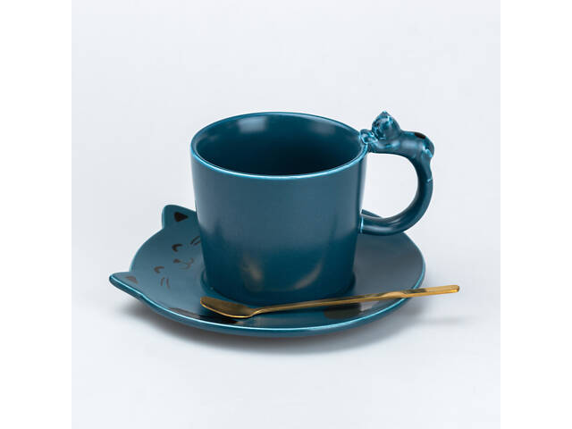 Чашка з блюдцем та ложкою керамічна 250 мл 'Кошеня' Синя - Фото 1