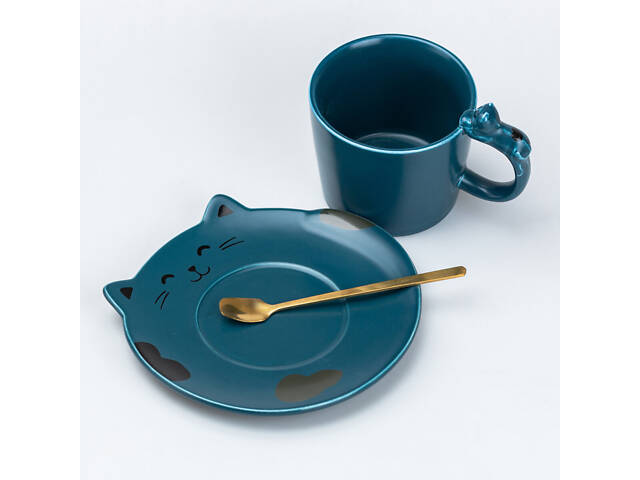 Чашка з блюдцем та ложкою керамічна 250 мл 'Кошеня' Синя - Фото 2