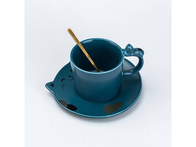 Чашка з блюдцем та ложкою керамічна 250 мл 'Кошеня' Синя - Фото 3