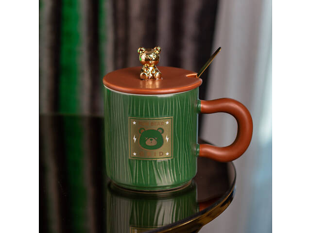 Чашка з кришкою та ложкою 300 мл керамічна 'Ведмедик' Зелена - Фото 1