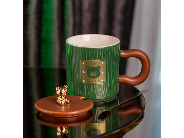 Чашка з кришкою та ложкою 300 мл керамічна 'Ведмедик' Зелена - Фото 2