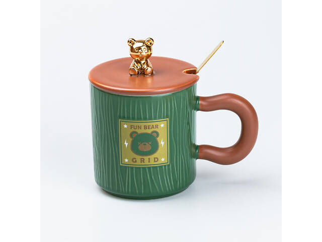 Чашка з кришкою та ложкою 300 мл керамічна 'Ведмедик' Зелена - Фото 3