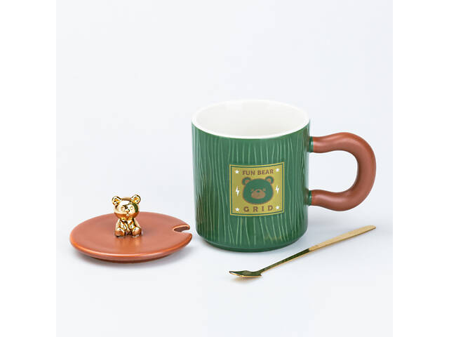 Чашка з кришкою та ложкою 300 мл керамічна 'Ведмедик' Зелена - Фото 4