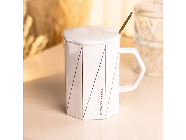 Чашка с крышкой и ложкой керамическая 400 мл Белая - Фото 1