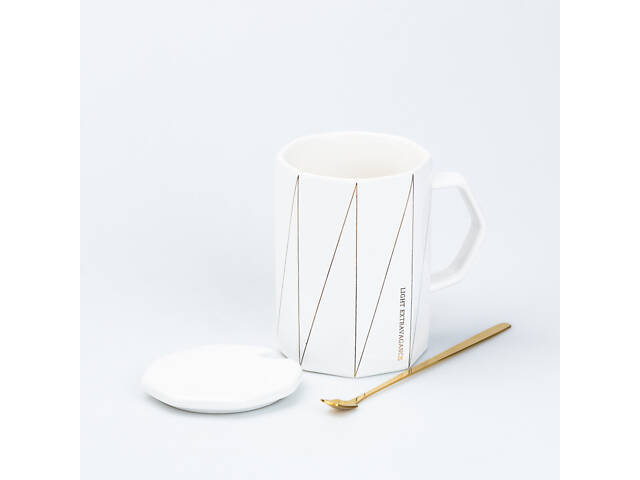 Чашка с крышкой и ложкой керамическая 400 мл Белая - Фото 2