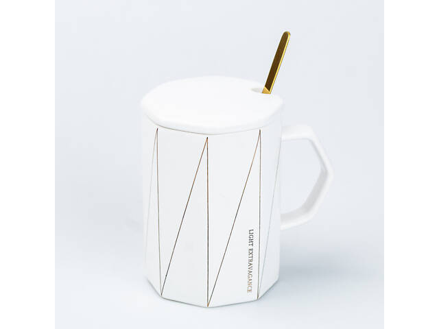 Чашка с крышкой и ложкой керамическая 400 мл Белая - Фото 3