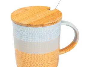 Чашка з бамбуковою кришкою та ложкою керамічна 350 мл Помаранчева