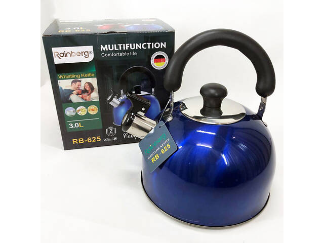 Чайник Rainberg RB-625 із нержавіючої сталі зі свистком 3л гарний чайник для газової плити. Колір: синій - Фото 1
