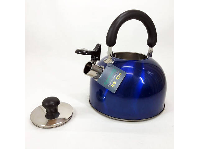 Чайник Rainberg RB-625 із нержавіючої сталі зі свистком 3л гарний чайник для газової плити. Колір: синій - Фото 2