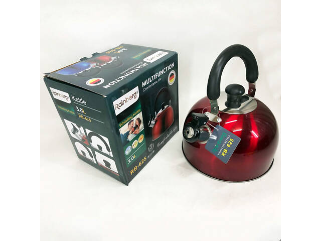 Чайник Rainberg RB-625 з нержавіючої сталі зі свистком 3л, гарний чайник зі свистком. Колір: червоний - Фото 4
