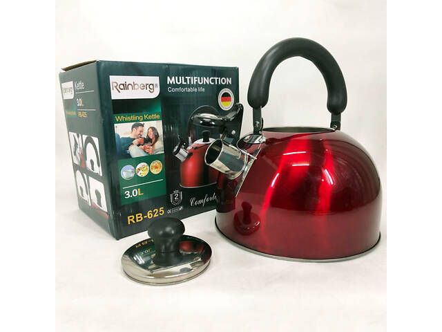 Чайник Rainberg RB-625 з нержавіючої сталі зі свистком 3л, гарний чайник зі свистком. Колір: червоний - Фото 5