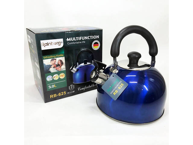 Чайник Rainberg RB-625 із нержавіючої сталі зі свистком 3л гарний чайник для газової плити Blue - Фото 3