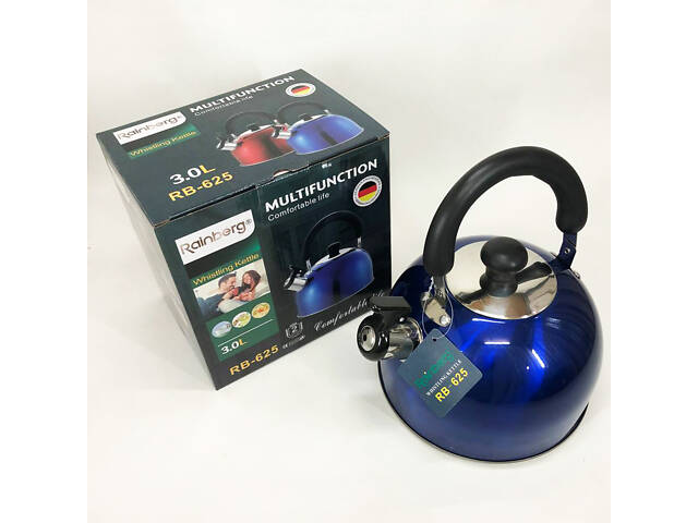 Чайник Rainberg RB-625 із нержавіючої сталі зі свистком 3л гарний чайник для газової плити Blue - Фото 4